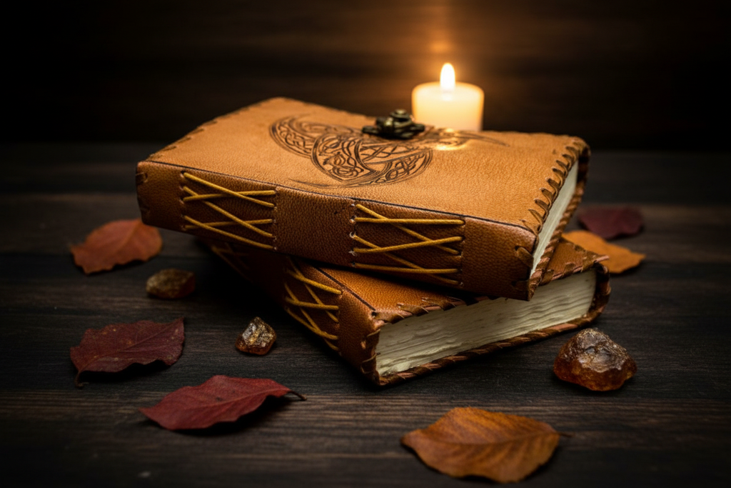 Brown leather Celtic journal, side view with braided strap detailing and embossed cover