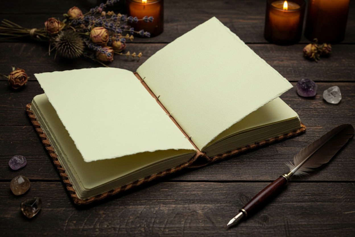 Celtic leather journal opened to blank pages with stitched cover and spine