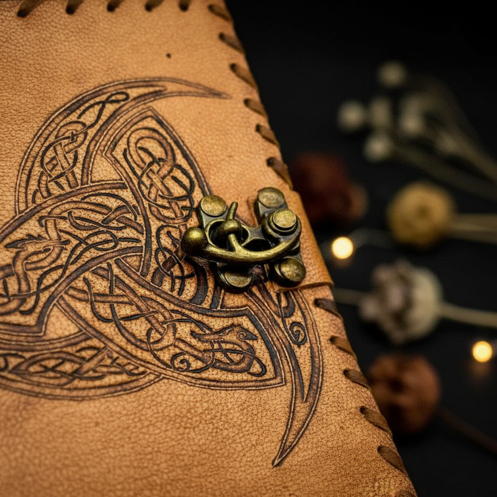Celtic leather journal close-up: embossed knot pattern and brass snap button