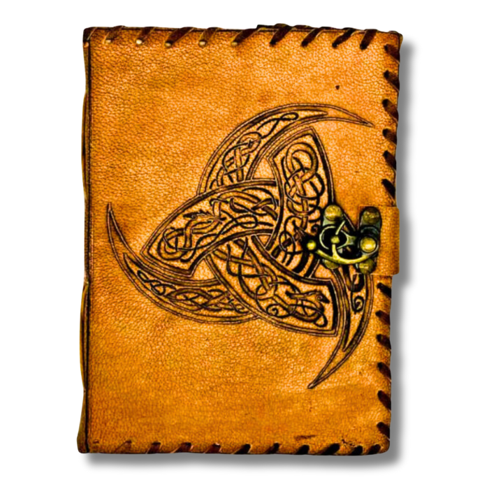 Celtic Leather Journal with a brass lock on a white background