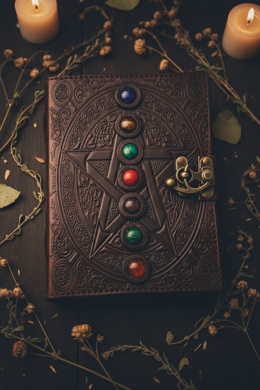 Decorative book with star design and colored stones on a dark background with candles and branches.