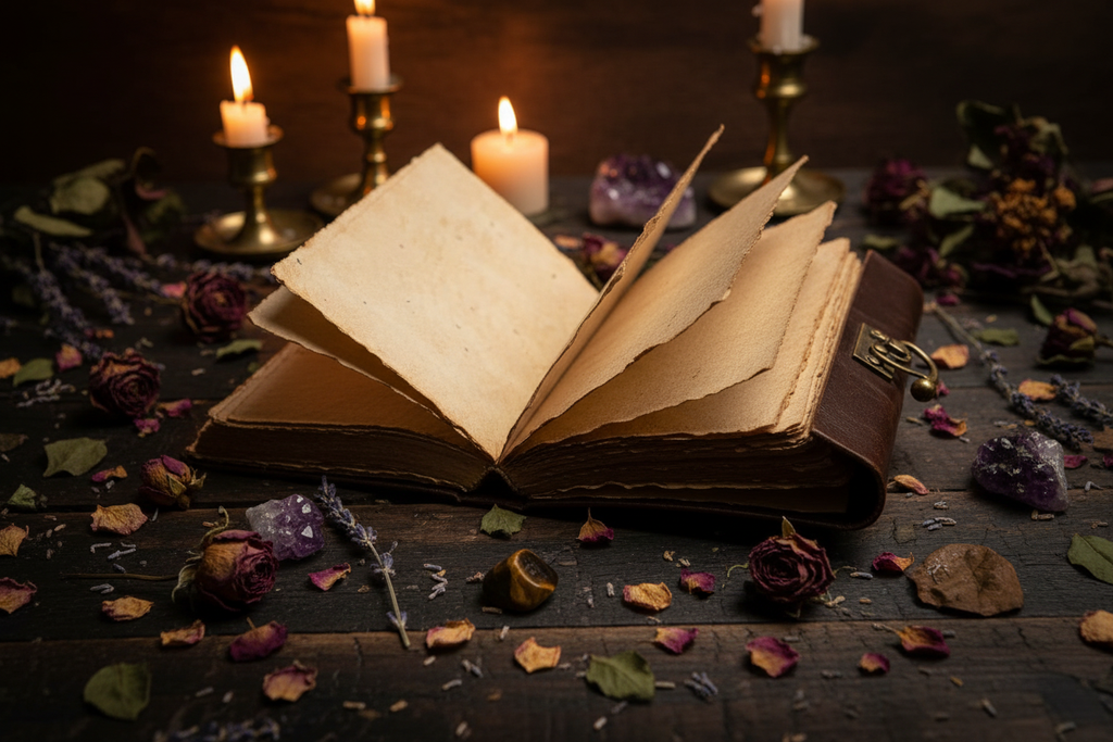 Open book on a wooden surface with candles and dried flowers