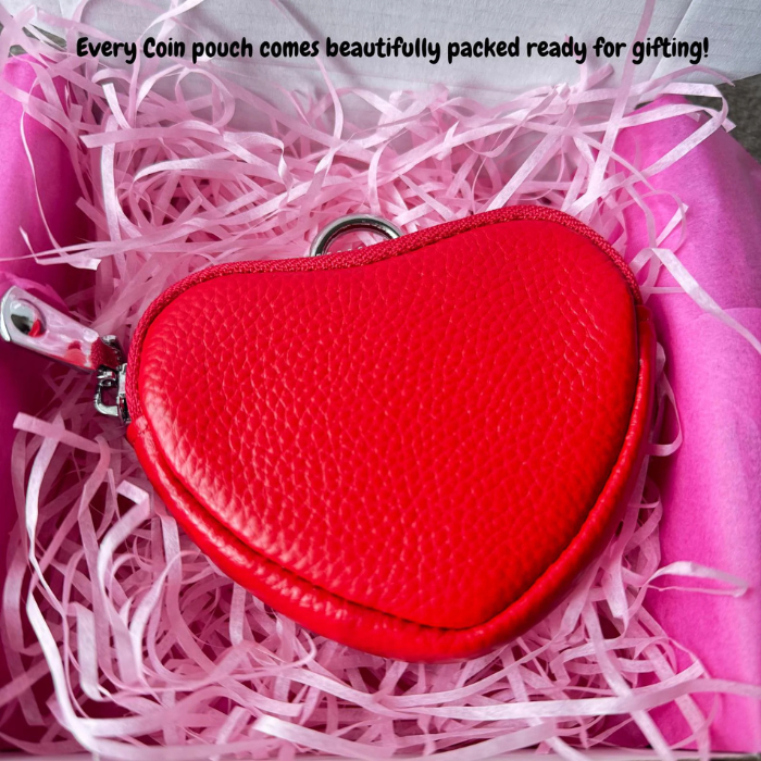 Red heart coin purse in gift box with metal zipper pull and keyring loop