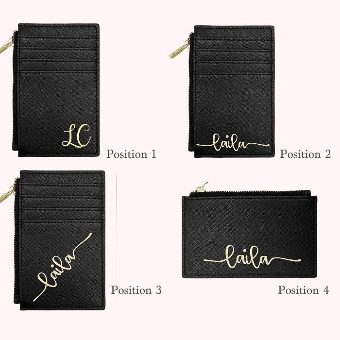 Black personalized card wallet views showing front design with script name