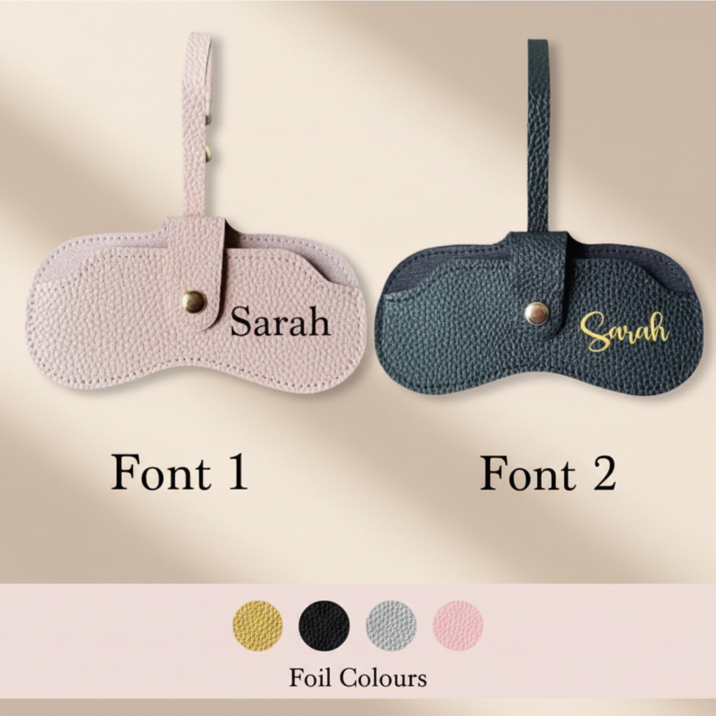 Foil colour chart for Zelle personalised leather glasses case showing gold, black, silver, and pink options on warm beige background, custom eyeglass case Australia