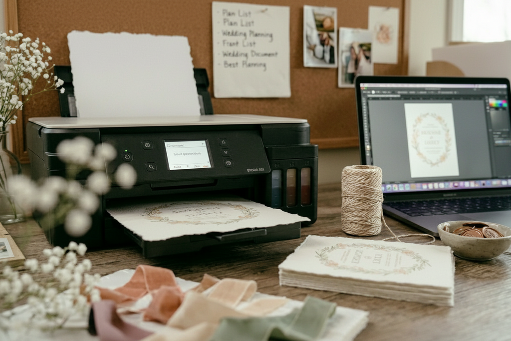 DIY bride printing wedding invitations at home on white 300 GSM handmade cotton rag paper with natural deckle edges using an Epson inkjet printer, with a stack of printed invitations, jute twine, silk ribbons and wedding design open on laptop