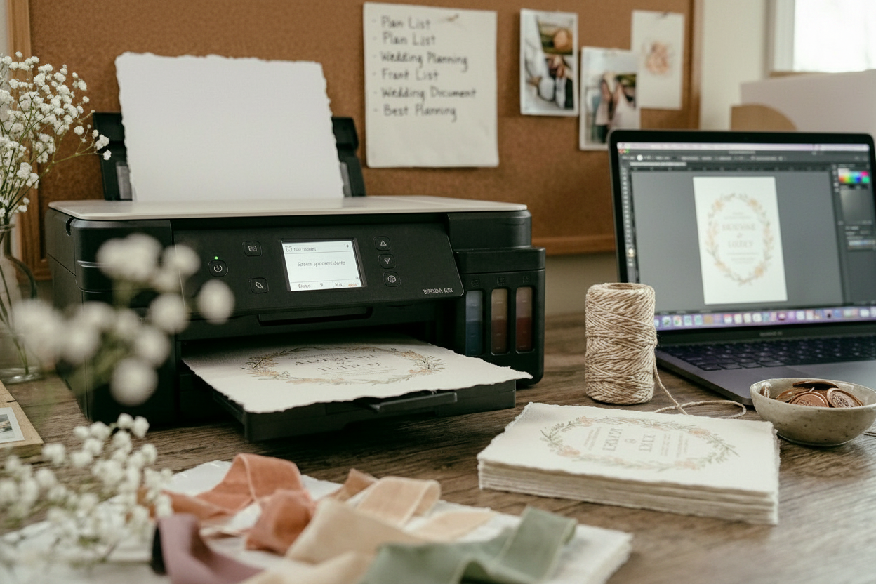 Epson inkjet printer printing DIY wedding invitations on white handmade deckle edge cotton paper on a rustic wooden desk with jute twine, silk ribbons and gypsophila flowers
