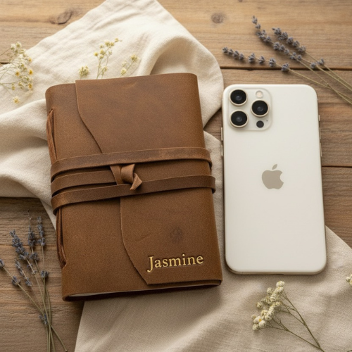 Handmade leather journal personalised with gold embossed name, shown next to iPhone 15 Pro Max for size reference, styled with dried lavender on rustic wood – leather journal Australia