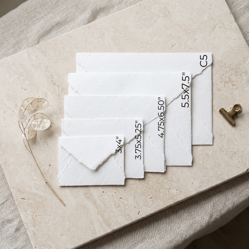 Close-up of deckle edge handmade paper envelopes with textured cotton paper surface, perfect for wax seals and calligraphy pen addressing.