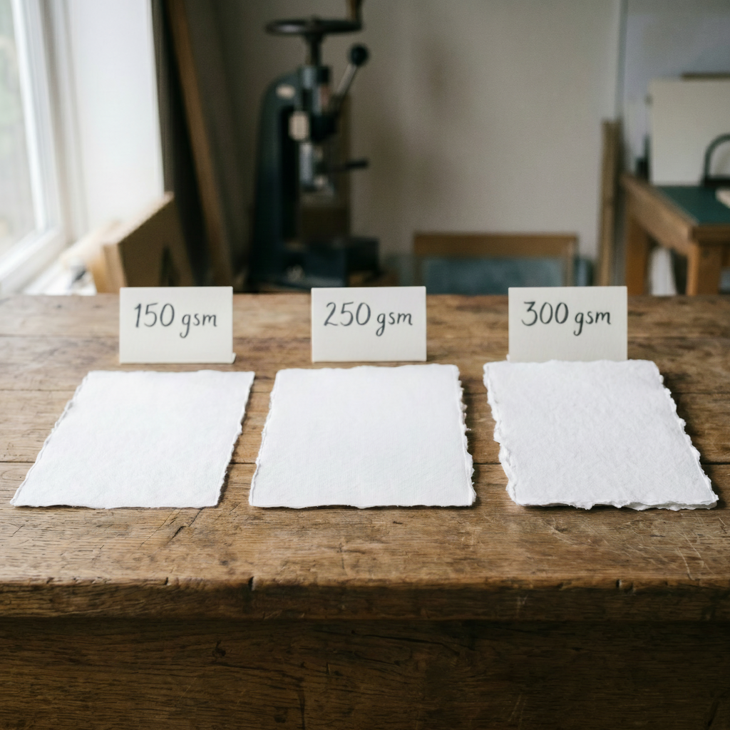 Close-up of handmade white cotton deckle edge paper samples in 150 GSM, 250 GSM and 300 GSM — feel the difference in thickness before you buy, ideal for wedding stationery and calligraphy Australia
