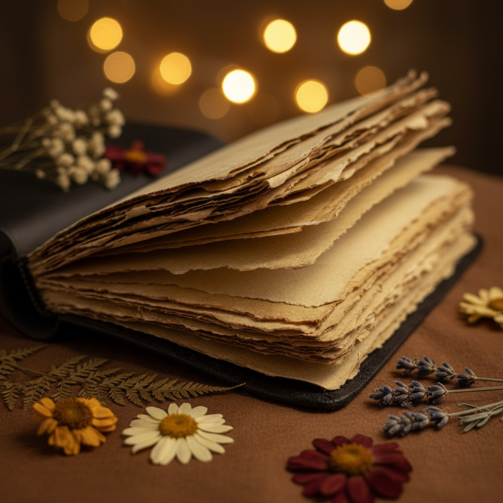 Leather sketchbook with stacked cream pages, close-up of open book and notebook spine