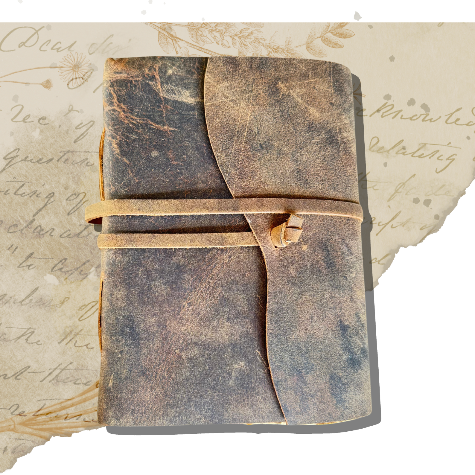 Delaney Leather Sketchbook for Artists on an asthetic background with a vintage looking torn paper on the background