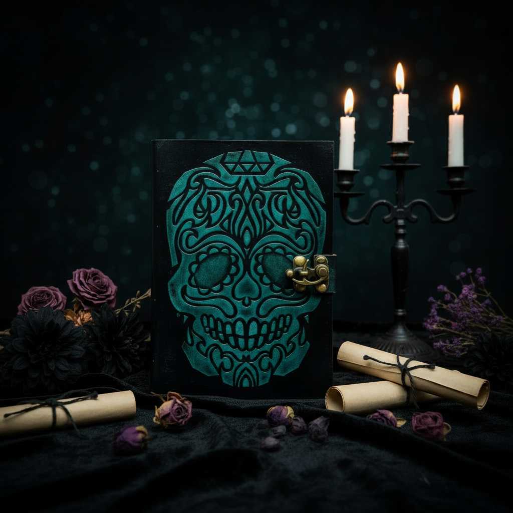 Skull leather journal with teal embossed skull face and brass clasp, dark cover