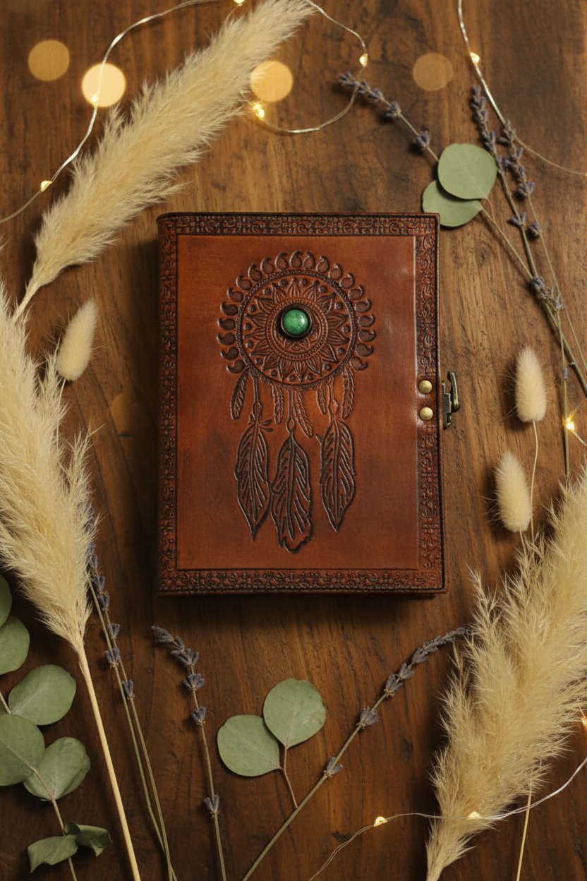 Leather dream catcher journal cover with green eye and feather embossing, side clasp.