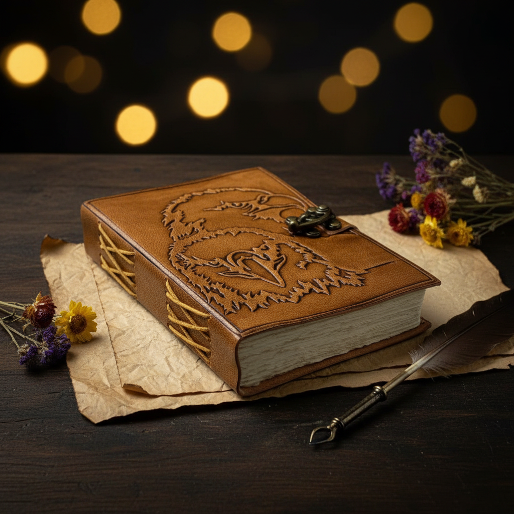 Brown leather-look journal with eagle embroidery and metal clasp, shown from side