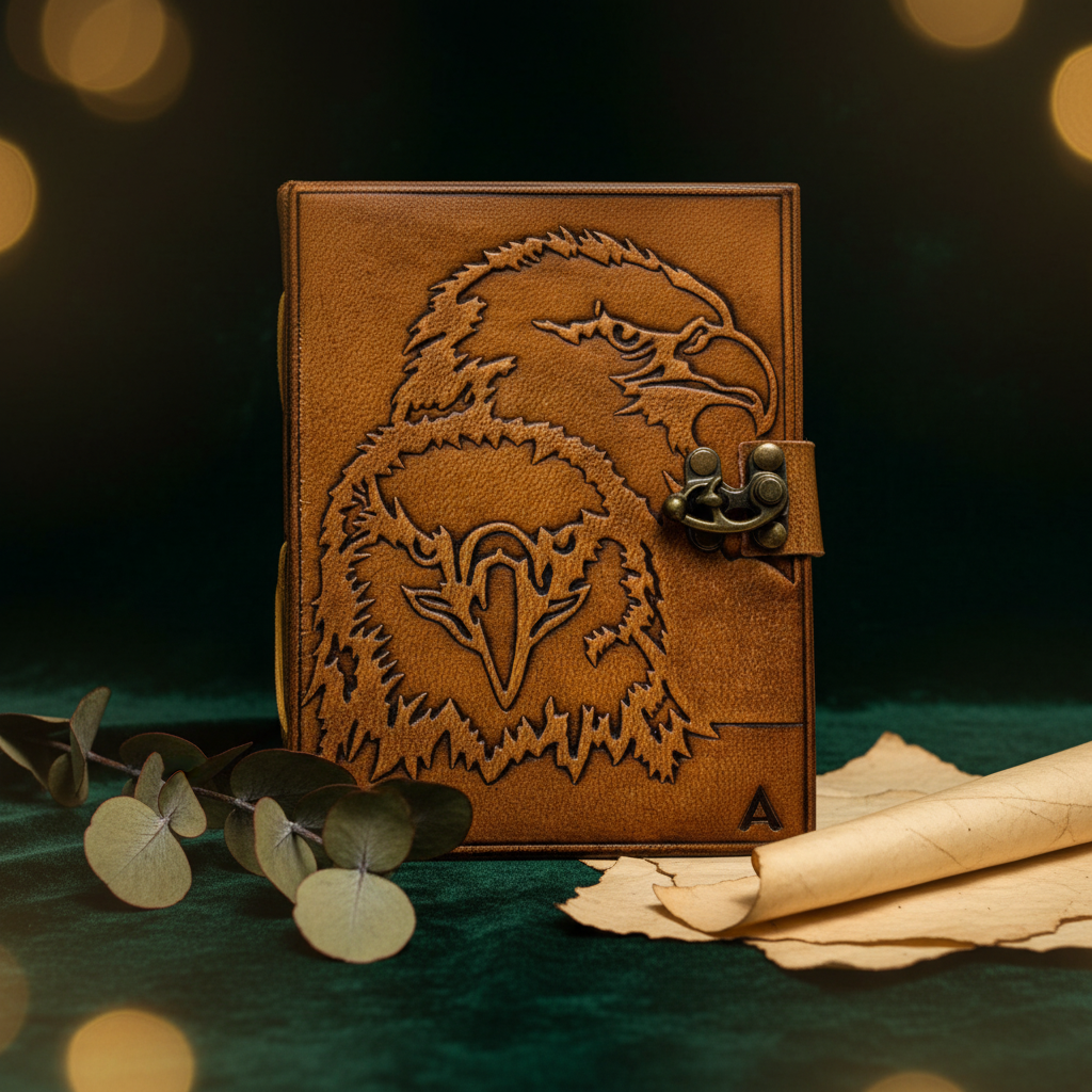 Brown leather-look journal with embroidered eagle face and metal side latch