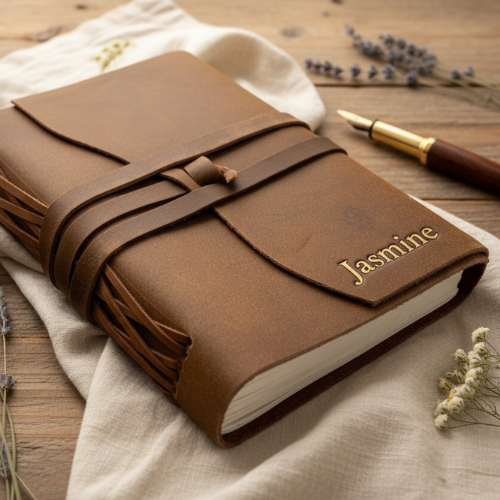 Handmade leather journal with gold embossed name, tied with leather strap, styled on linen with fountain pen and dried flowers – personalised leather journal Australia