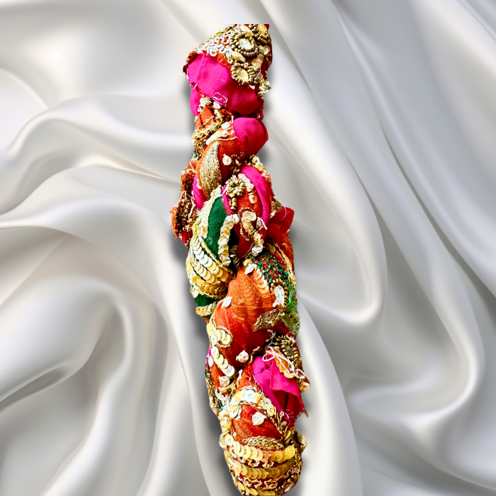 Embroidered Silk Chiffon Ribbon 100g Multicolor With Sequins on white satin background 