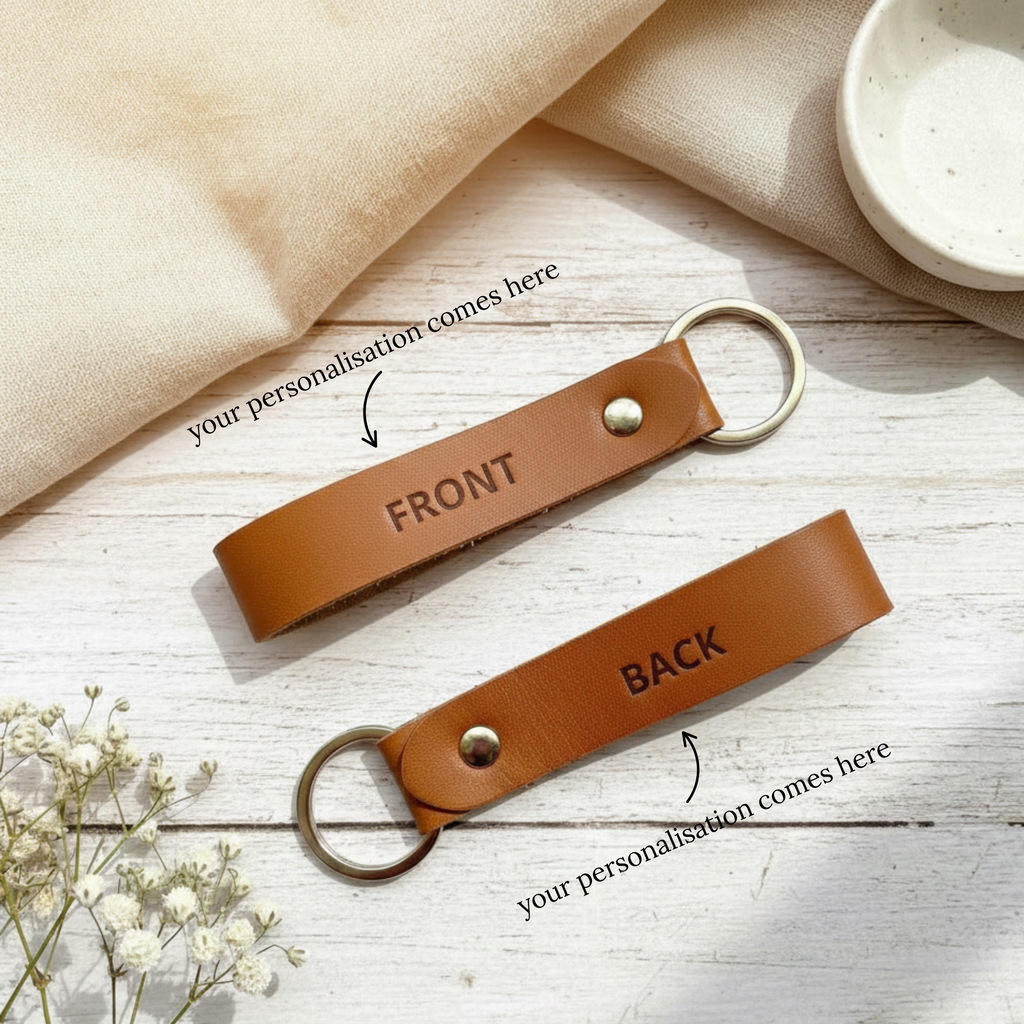 Esme Personalised Keyring customisation guide showing front and back personalisation options – custom leather keychain Australia made to order