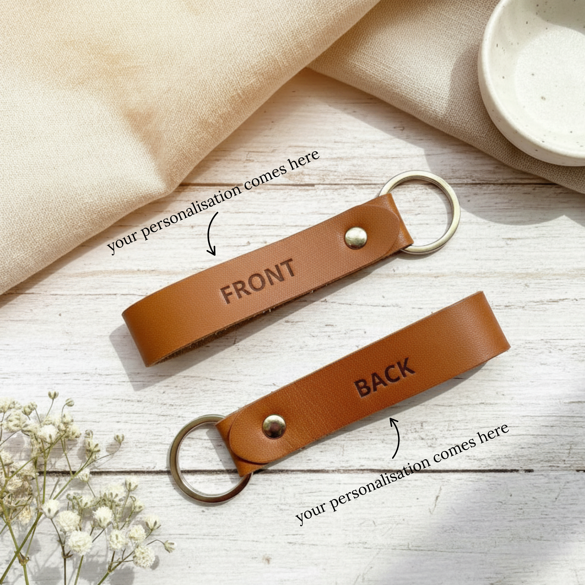 Esme Personalised Keyring customisation guide showing front and back personalisation options – custom leather keychain Australia made to order