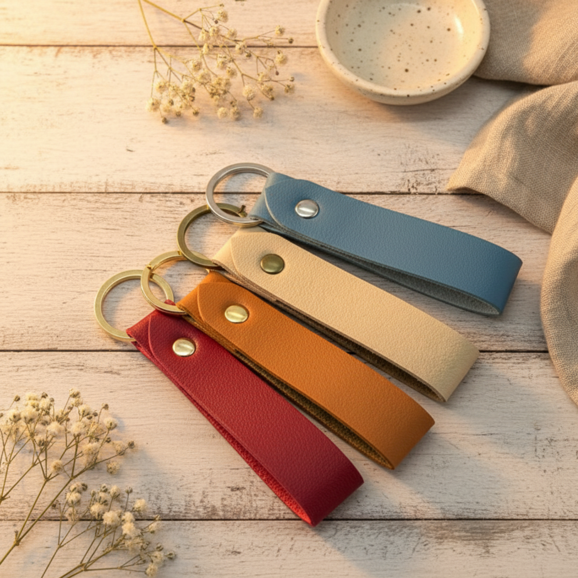 Esme Personalised Leather Keyring Australia – full colour range in blue, beige, brown and burgundy, handmade custom leather keychain gift