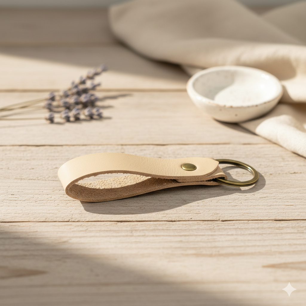Esme Personalised Keyring in beige leather with silver-tone metal key ring – personalised keychain with name or initials, ships from Melbourne Australia