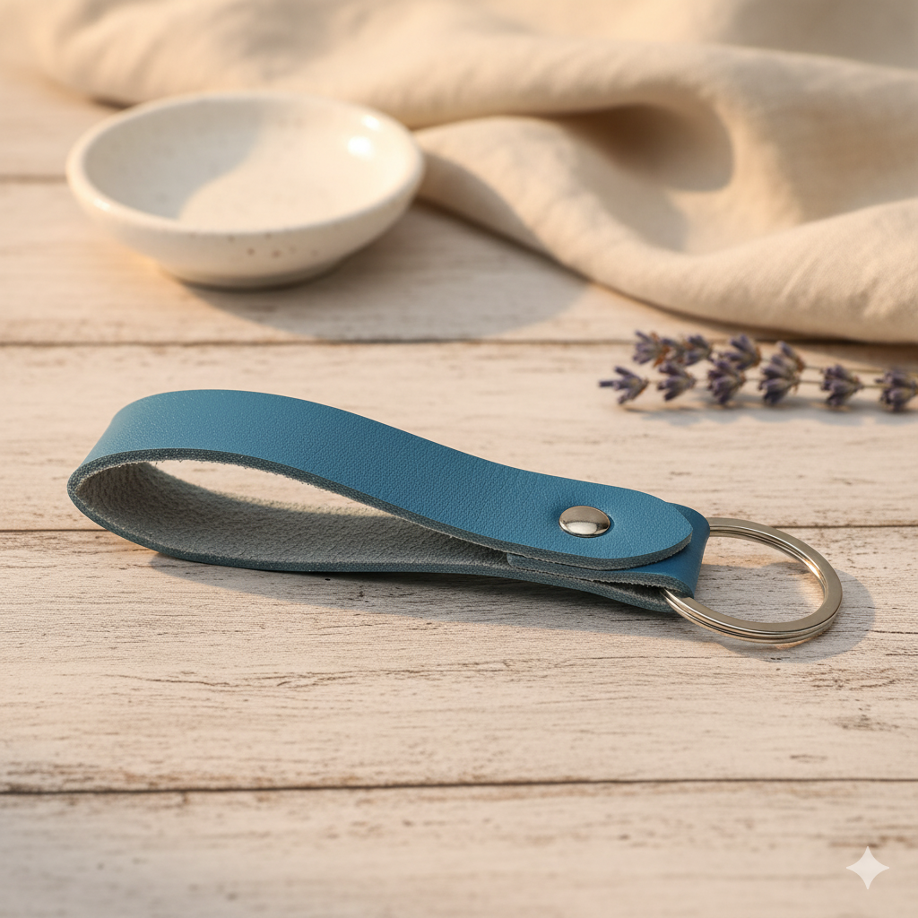Esme Personalised Keyring in blue leather with silver-tone metal key ring – handmade personalised leather keychain Australia, gift for her or bridesmaid gift