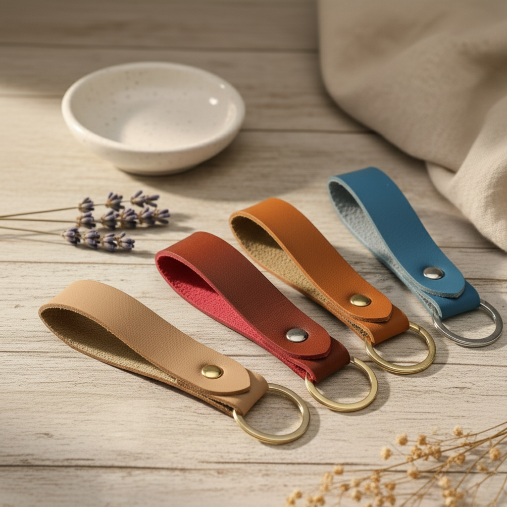 Esme Personalised Leather Keyring full colour range with metal clasp – personalised leather keyring Australia in tan, brown, blue, burgundy and beige