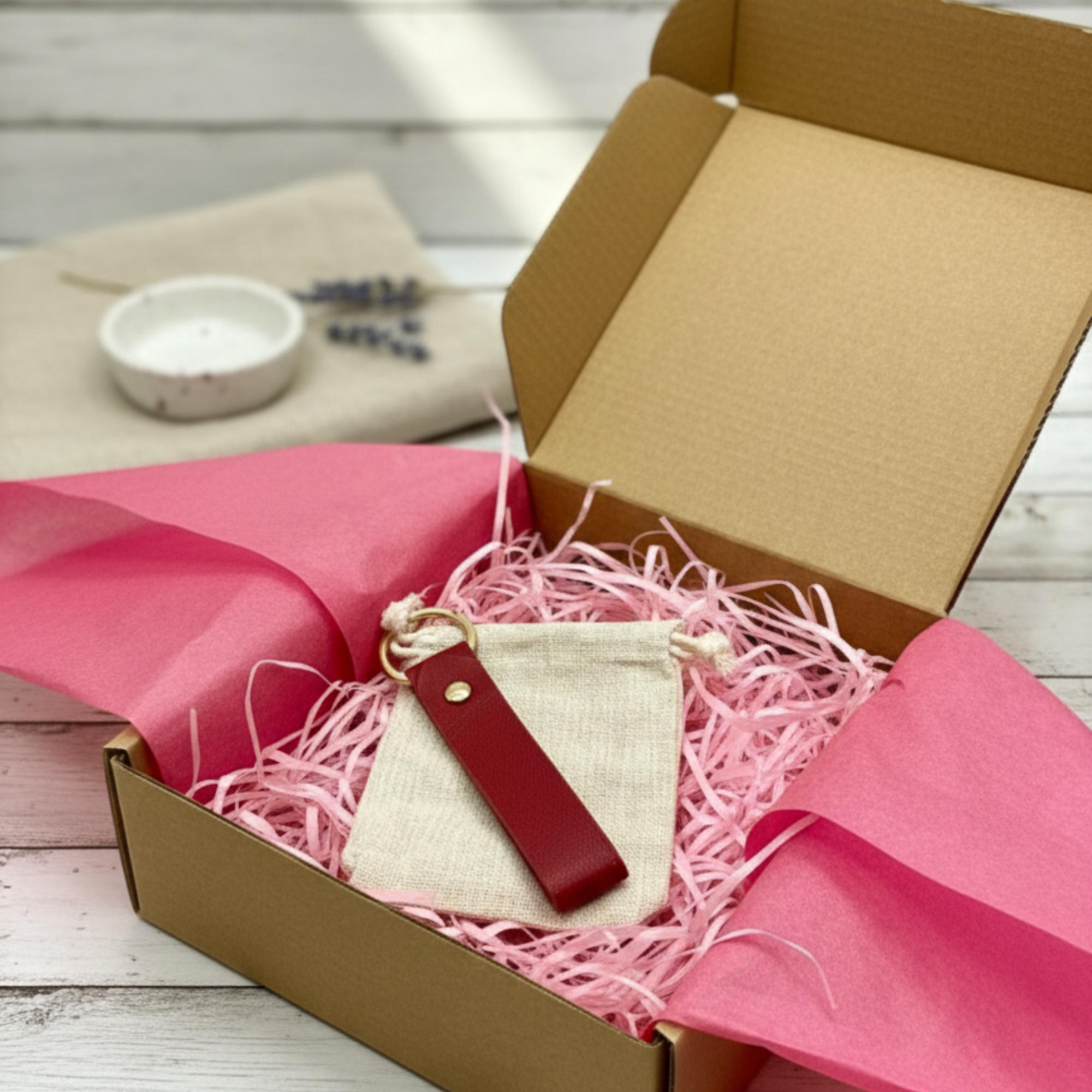 Esme Personalised Leather Keyring presented in gift box – handmade personalised keychain gift Australia, beautifully packaged and ready to gift.