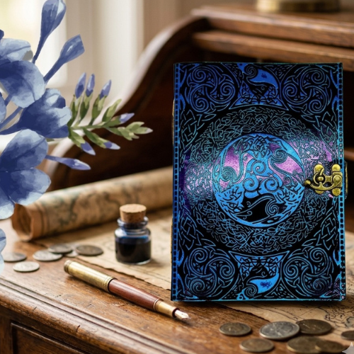 Blue leather diary with ornate embossed swirl cover and gold clasp detail