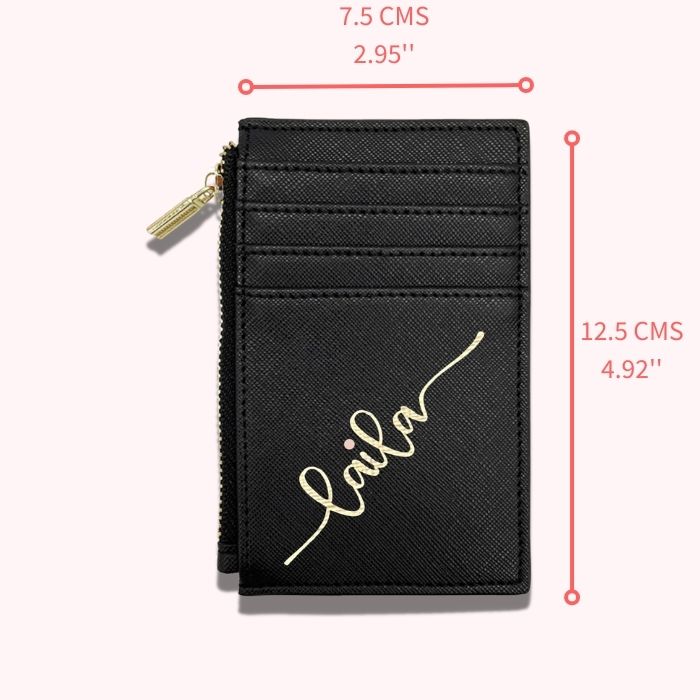 Black personalized card wallet with gold zipper, script name, and size markings