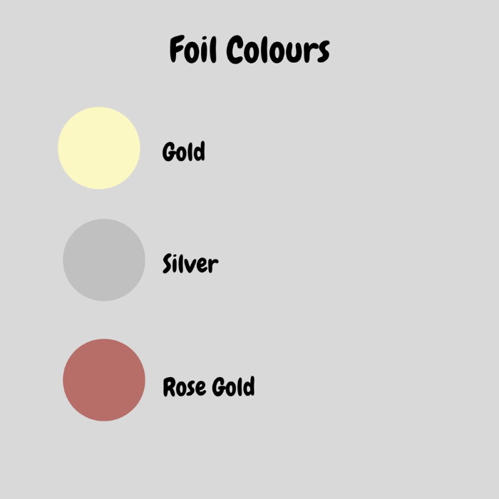 Foil color swatches for heart coin purse: gold, silver, rose gold