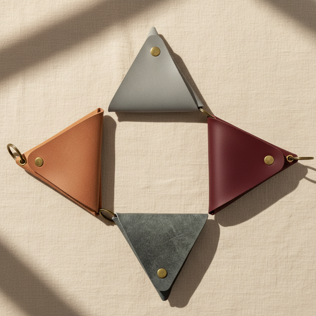 Flat lay of four triangle leather coin purses with gold-tone snap buttons and metal ring loops arranged in a diamond pattern on a soft linen background — personalised leather coin purse Australia in multiple colours by Labcraftboutique