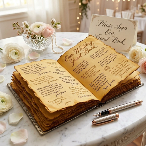 Wedding guest book open pages with gold-printed headings and lined guest-writing space.