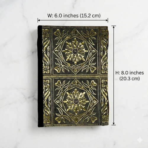 Wedding guest book top view with dark cover and gold pattern; size shown in inches.