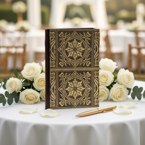 Freya wedding guest book standing cover, dark with gold ornamental floral square panels.