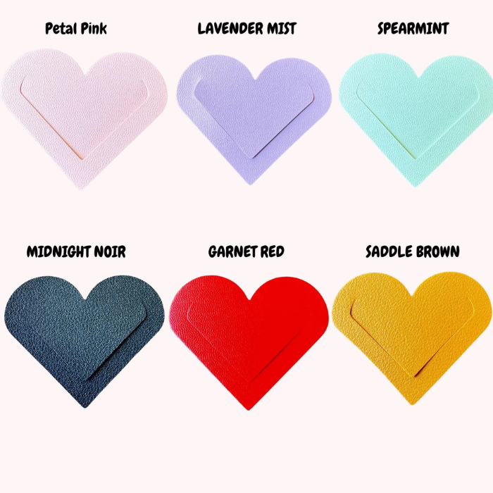 Six heart bookmark colors: petal pink, lavender mist, spearmint, midnight noir, garnet red, saddle brown.