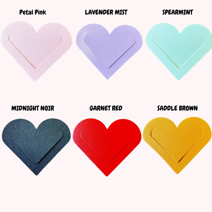 Colour options for love heart bookmarks to choose from pink, lavender, spearmint, black, red and brown to gift educators. 