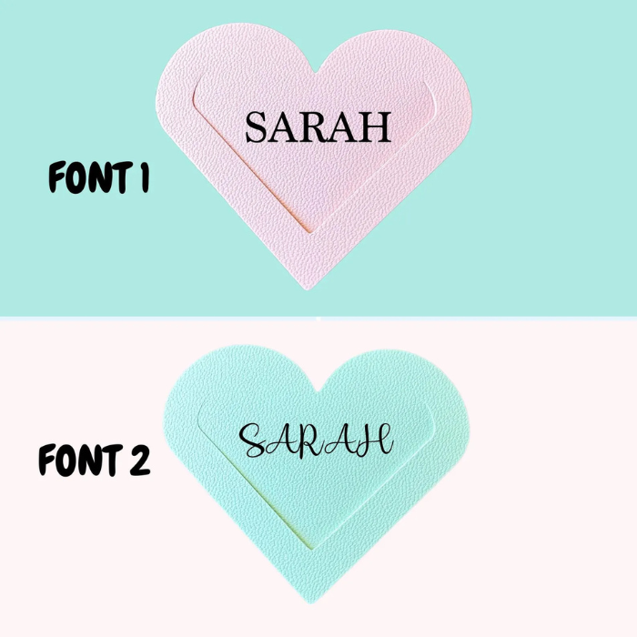 Heart bookmark font samples showing pastel pink and mint heart tabs with cursive names.