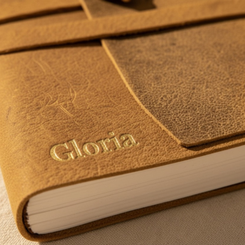 Close-up of gold foil embossed name Gloria on a premium handmade leather journal with wrap strap closure – embossed leather journal, anniversary gift or Valentine's Day gift for her