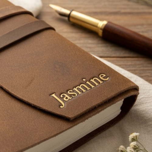 Close-up of gold foil embossed name on a premium handmade leather journal – personalised leather journal Australia, Valentine's Day gift or anniversary gift for her