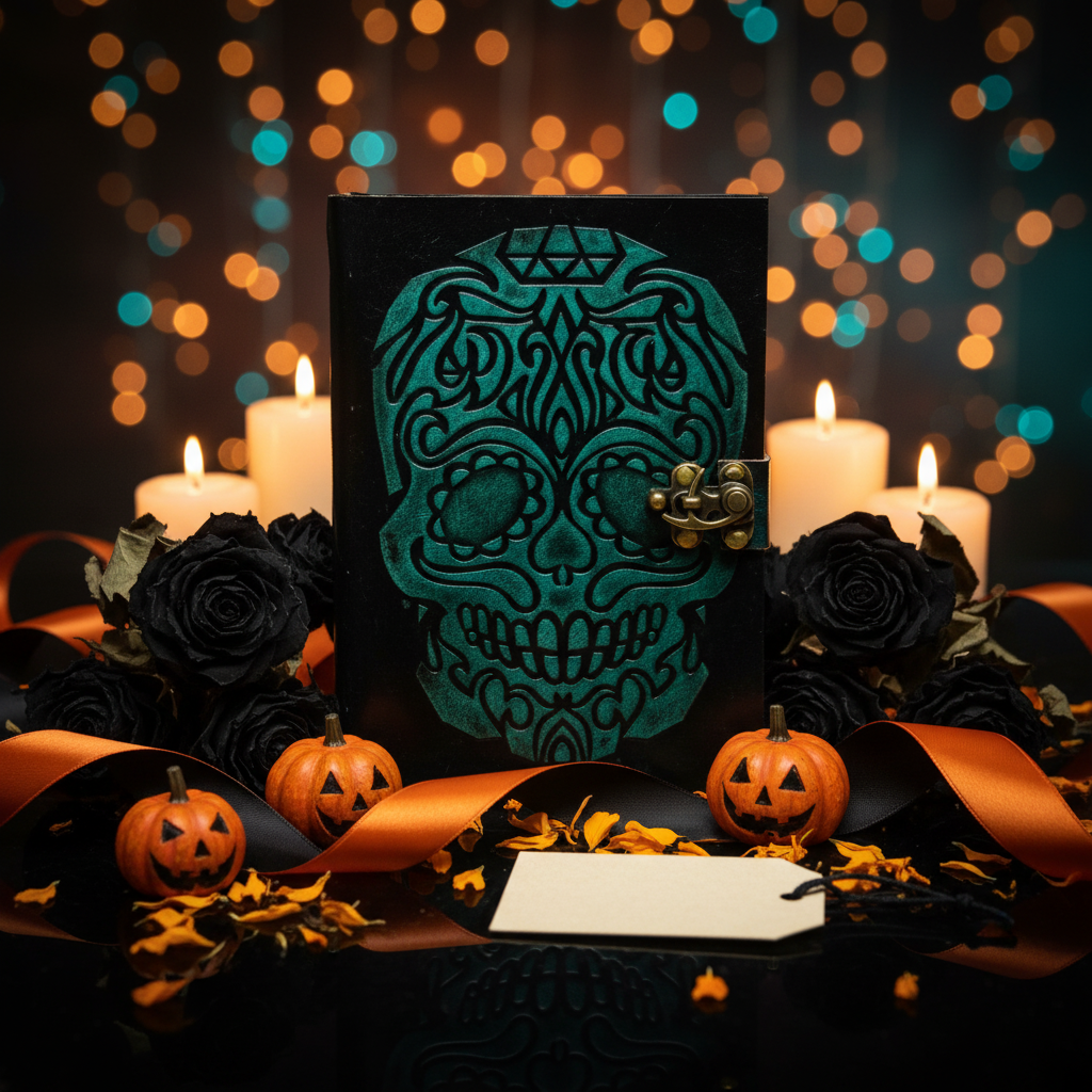 Skull leather journal with teal embossed skull design and metal clasp, dark cover
