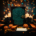 Skull leather journal with teal embossed skull design and metal clasp, dark cover