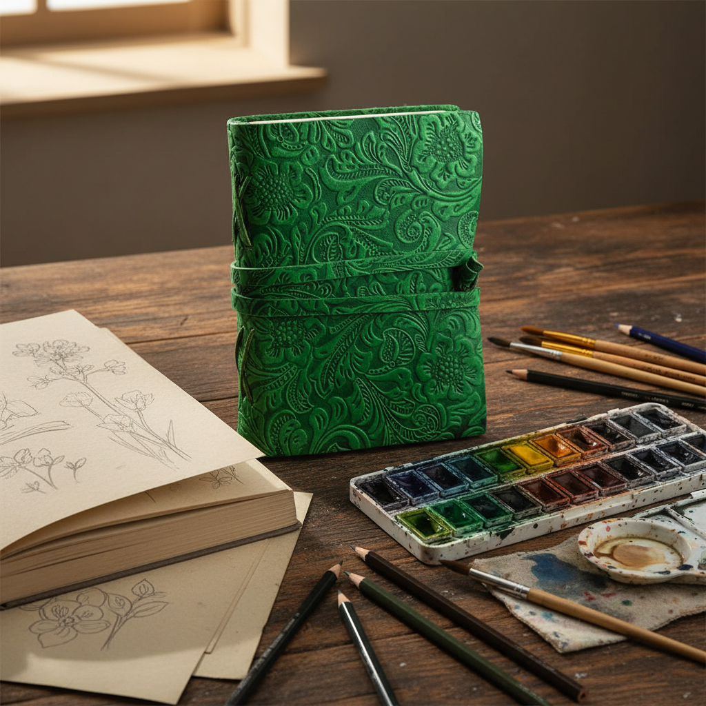 Green embossed leather sketchbook on wooden table with paint palette and pencils
