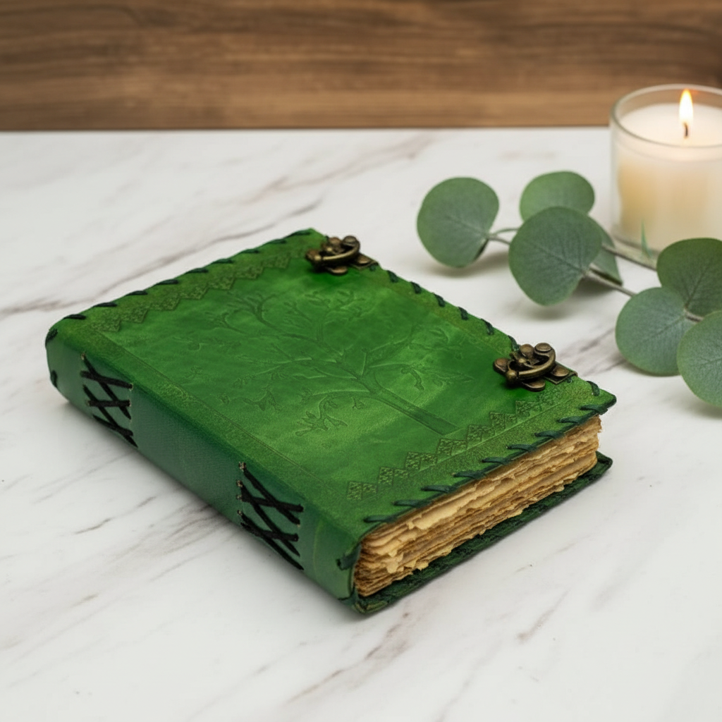 Green leather journal with tree of life embossing, brass clasp and stitched edges