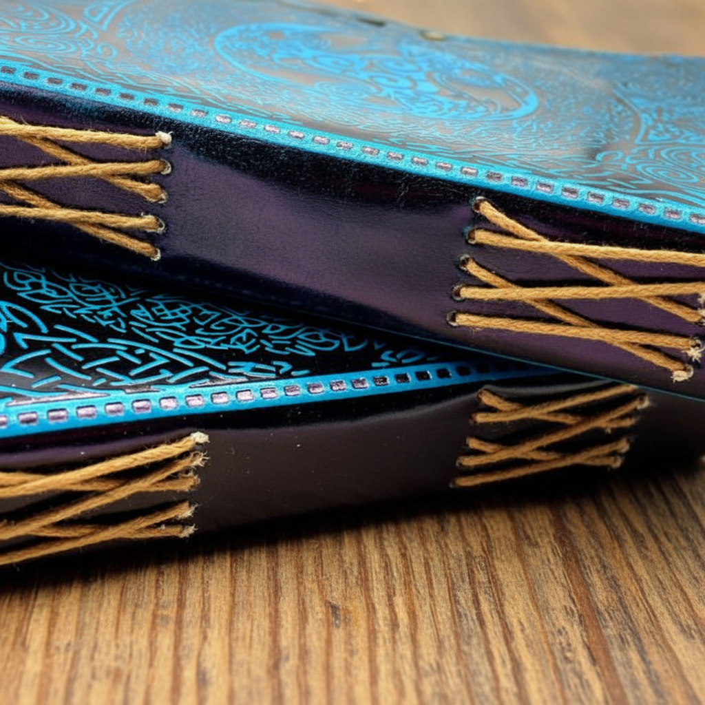 Blue leather diary with stitched spine, patterned cover edge, and fringe tassels