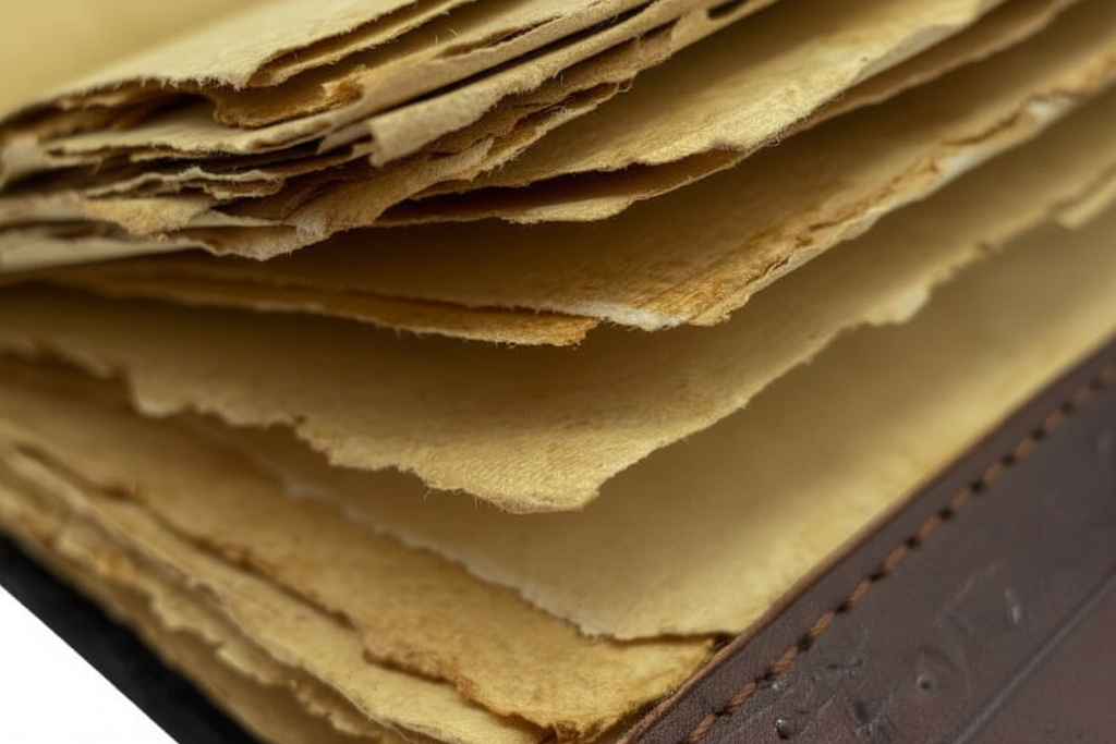 Close-up of a leather-bound book with vintage pages