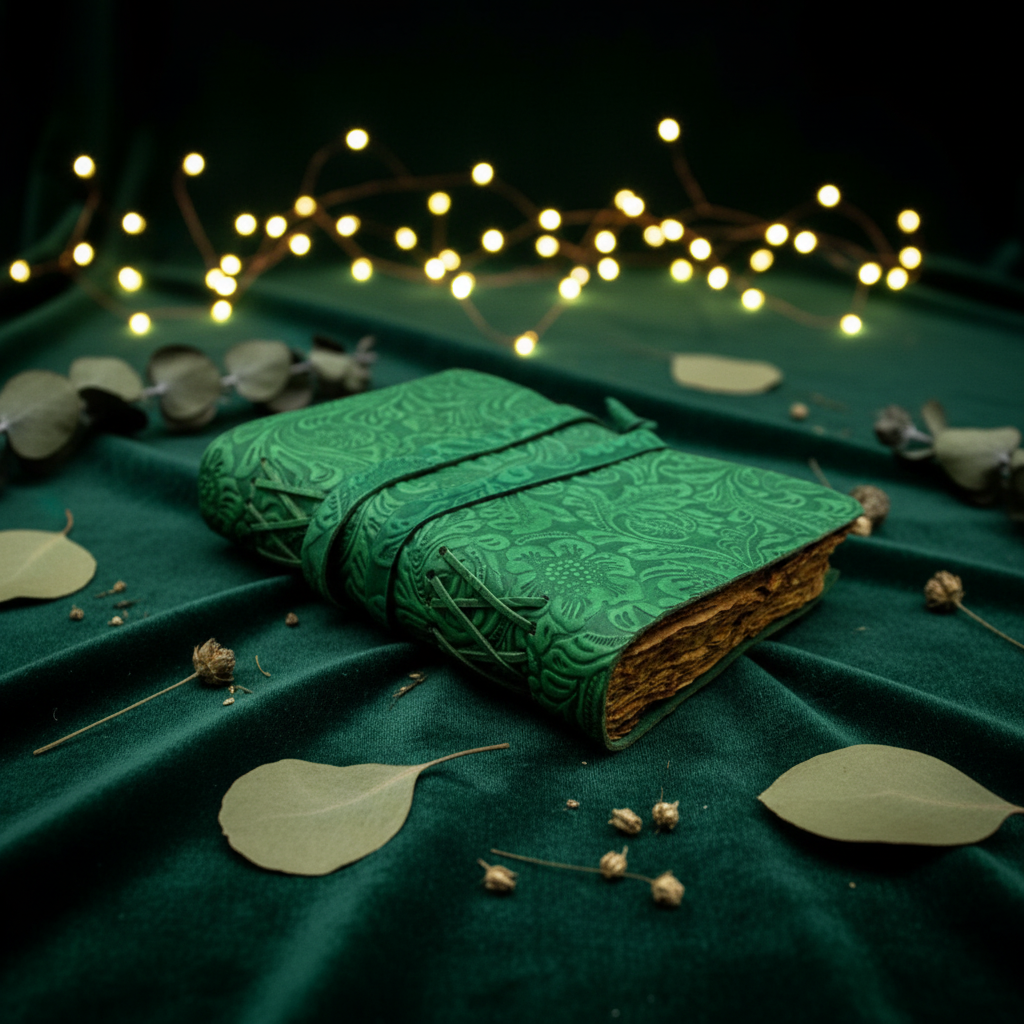Green embossed leather sketchbook with patterned cover, lying on a cloth