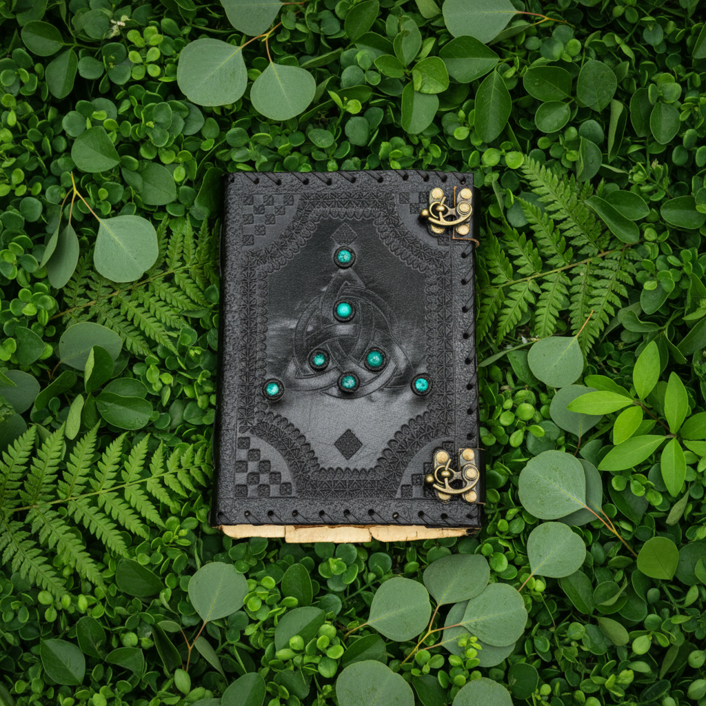 Dark leather journal with central teal-stone motif and corner brass clasps