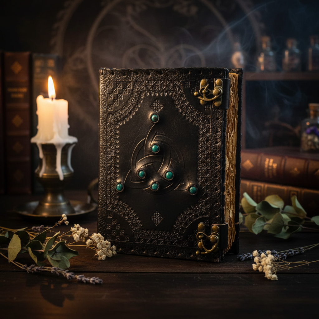 Brown leather journal with embossed pattern, teal stone motif, and brass latch at top and sides